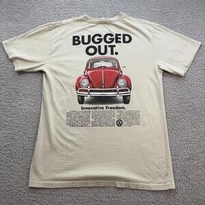 Volkswagen Bugged Out T Shirt L Beige VW Logo Pocket Tee Double Sided Patch